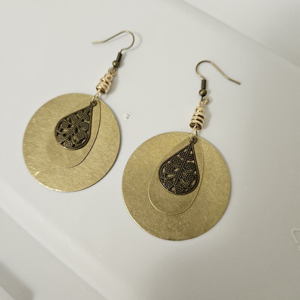 Overlapping Mixed Shaped Dangle Earrings Gold/Antique Gold Round Oval Tear-Drop
